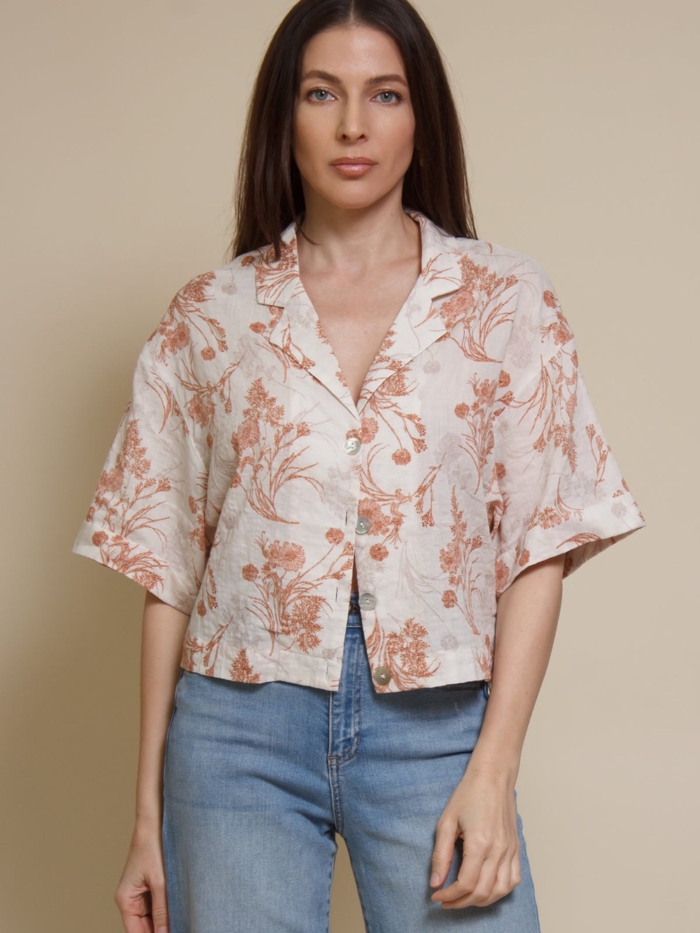 Promesa Floral Cropped Button Front Ryan Blouse Resortwear Vacay Camp Shirt SzM